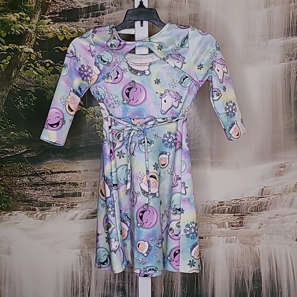 Justice Girls 10 winter theme emoji unicorn neon rainbow long sleeve dress